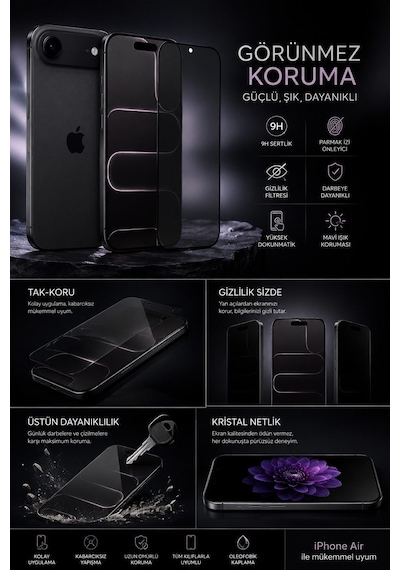 Apple Uyumlu iPhone 16 Hayalet Ekran Koruyucu % 100 Cam Temperli Kolay Kurulum Aparatlı