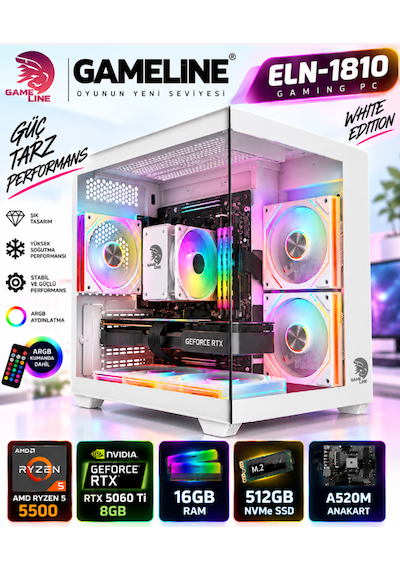 Gameline ELN-1810 R5-5500 512 GB 16 GB SSD 8 GB RTX5060 Ti Dos Masaüstü Oyuncu Bilgisayar