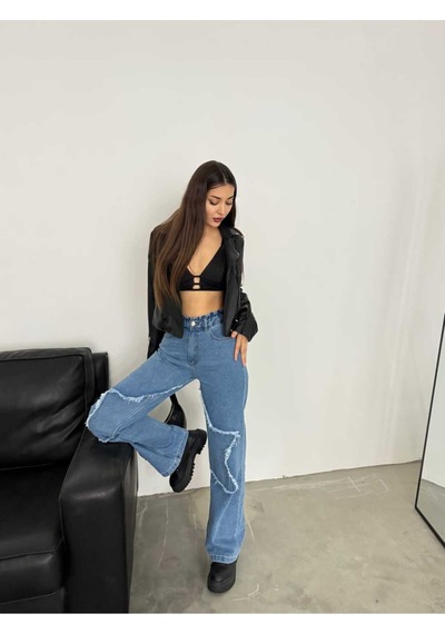 Shevega Kadın Mavi Bacak Yildizli Bol Paça Kot Jeans Pantolon Mavi