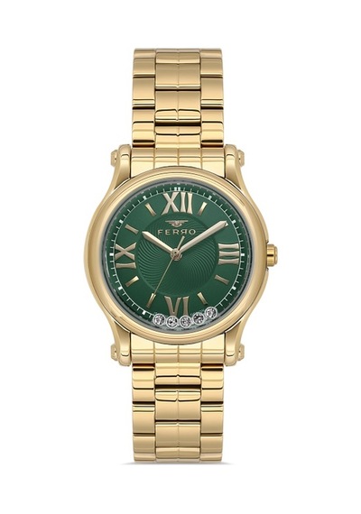 Ferro Fl21478awt-b6 Quartz Çelik Altın Rengi Yeşil Kadran 32 Mm Kadın Kol Saati Altın