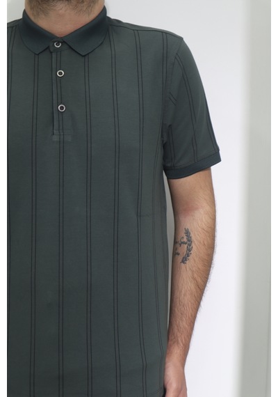 Santa Dmctekstil Erkek İnce Çizgili Spor Kesim Rahat Kalıp Polo Yaka T-shirt Haki