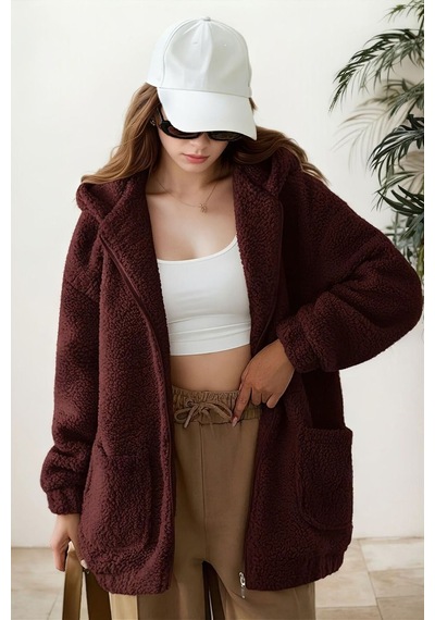 Aclassics Peluş Kuzu Kıvırcık Torba Cepli Kolej Mont Siyah Ks2526 Bordo