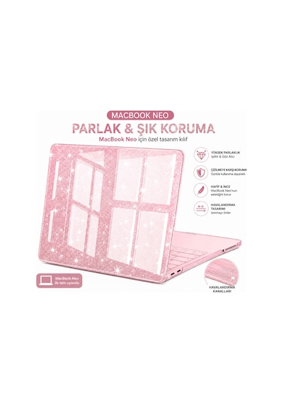 Macbook Uyumlu Neo 13inç A18 Pro A3404 Kılıf Simli Ön Arka Kapak Pembe
