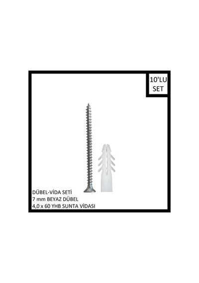 Dübel-vida Seti, Beyaz Dübel 7 Mm, 4,0x60 Yhb Sunta Vidası, 10 Adet