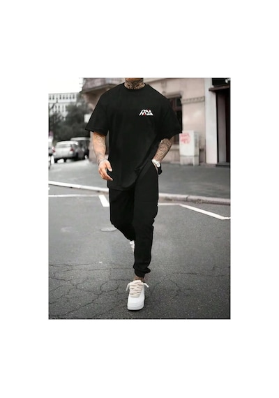 Medinenur Hng Baskılı T-shirt Eşofman Altı Jogger Rahat Kalıp Kırmızı Eşofman Takım Siyah