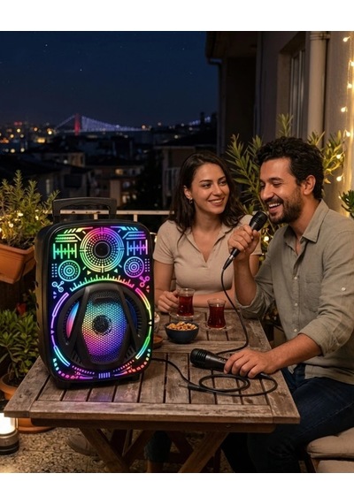 Hubrendy Tekno Taşınabilir Bluetooth Speaker Mikrofonlu Rgb Işıklı Karaoke Ses Sistemi