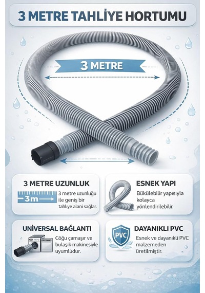3 Metre Çamaşır Makinesi Tahliye Hortumu, Universal Uyumlu Esnek Pvc Gider Hortumu, Bulaşık Makinesi Uyumlu Dayanıklı Su Tahliye Borusu