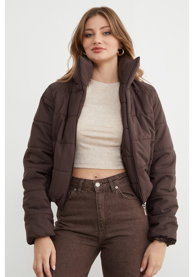 Fullamoda Beli Lastikli Crop Şişme Mont Kahve