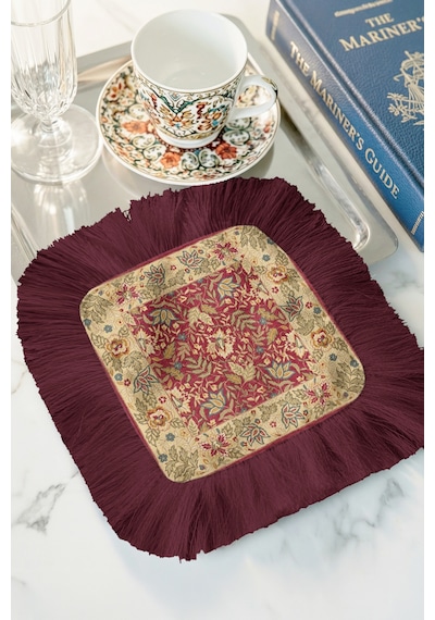 Saray İhtişamlı Saçaklı Sunum Peçetesi - Vintage Çiçek Motifli Bohem Bordo Bardak Altlığı Mendil Orman Beyaz