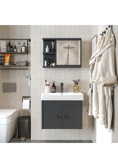 Lavabolu Mat Suntalam 60 Cm Banyo Dolabı, Aynalı Üst Dlp Antrasit Lavabolu Mat Suntalam 60 Cm Banyo Dolabı, Aynalı Üst Dlp Antrasit