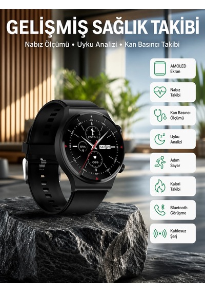 Amoled Ekran Metal Deri Silikon Kordonlu Uyku Ve Sağlık Takibi - 8912733673661