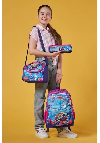 Coral High Kids Pembe Mor Kaplumbağa Desenli 3 Lü Okul Çanta Seti Set0123756 Çok Renkli