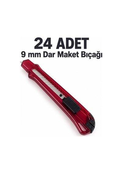 24 Adet 9 Mm Dar Plastik Maket Bıçağı Kırılabilir Uçlu, Sürgülü Kırmızı Kesici