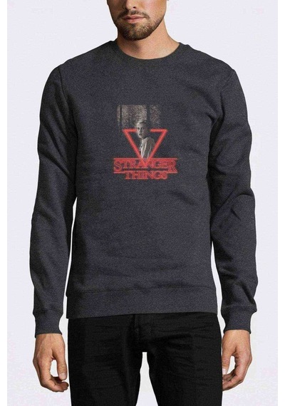 Stranger Things Eleven Üçgen Baskılı Füme Erkek Örme Sweatshirt