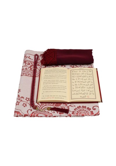 Şal + Seccade + Tesbih + Yasin Hediye Seti Çanta Boy, Şems Lafzatullah, Raşel Cilt, Bordo