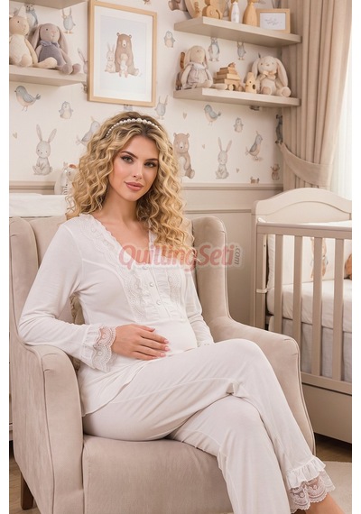 Lady Ekru Renkli Dantel Detaylı 33208 Uzun Kol 2 Parça Lohusa Hamile Pijama Takımı