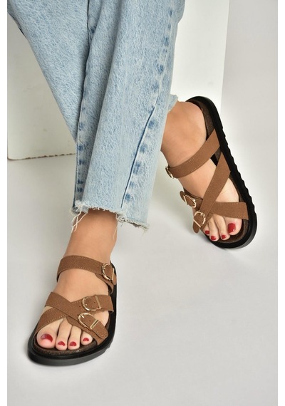 Fox Shoes Y250502502 Taba Süet Tokalı Kadın Terlik Taba
