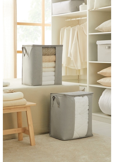 Ocean Home Textile 2'li Pvc Pencereli Gri Balıksırtı Hurç Set 45 x 30 x 50 cm