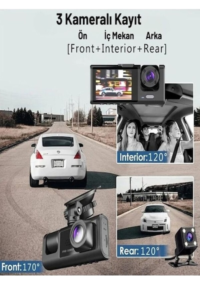 Araç İçi Kamera 1080p 3 Kameralı Ips Ekran G Sensör Gece Görüş Ultra Geniş Açılı 4k 64gb Kart