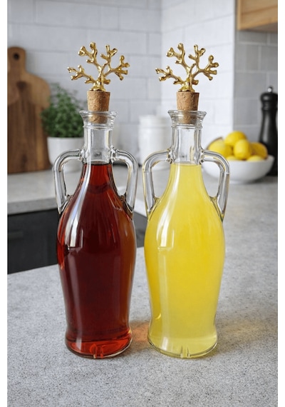 2'li Amfora Model Mantar Mercan Tıpalı Cam Yağ Şişesi - 750ml. Şeffaf Sirke Limon Suyu Şişesi - Altın Mercan Şeffaf