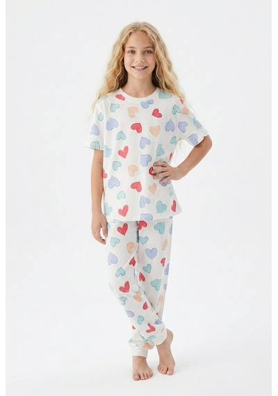 Alkın Kids 3-13 Yaş Kız Çocuk Kalp Desenli %100 Pamuklu Kısa Kollu Pijama Takımı Beyaz