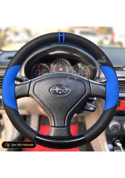 Subaru Impreza Dikme Direksiyon Kılıfı Delikli Deri Parlak Siyah Mavi Detay Çift Yüzük Ve Dikiş Gd-gg Bugeye-blobeye Tuşsuz 2000-2005
