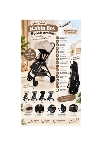 Yeni Nesil 2026 Model Ebeveyn Kontrol Penceresi Kabin Boy Bebek Arabası Bej1