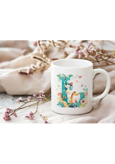 L Harfi Sevimli Hayvanlı Kupa Bardak - Kişiye Özel Tropikal Çiçekli Kahve Çay Kupası Beyaz