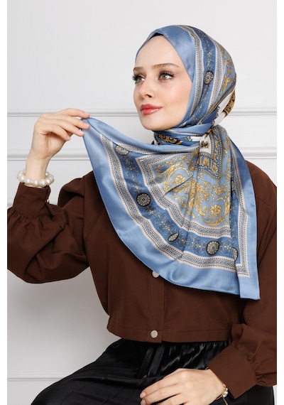 Sevitli Versace Desenli Hint İpeği Şal-bebe Mavi-4534