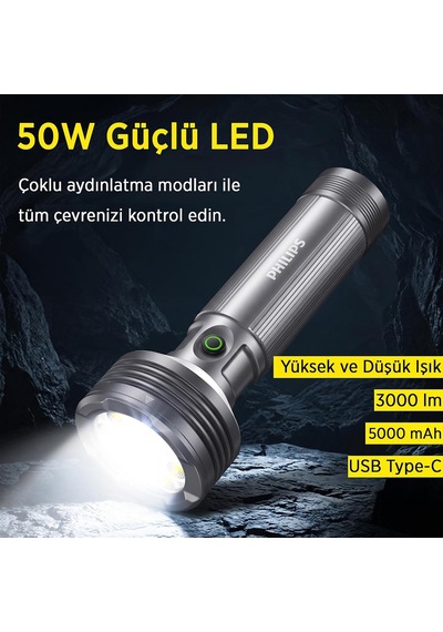 Sfl6253/93 3000 Lümen 50w Led El Feneri Metal Gövdeli 9 Modlu Çıkarılabilir Pilli Şarj Edilebilir Çift Açılı Flashlight Siyah