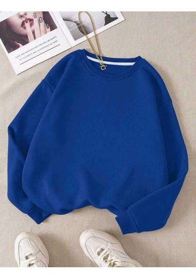 Baskısız Düz Sweatshirt - Sax Mavi Kalın Kışlık Şardonlu Uzun Kol Oversize Bisiklet Yaka Saks Mavi