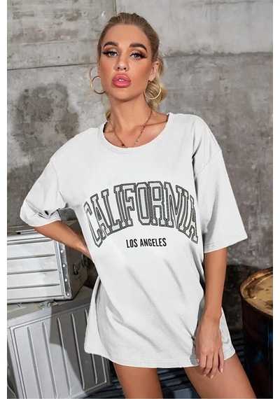 Blackjack Giyim Kadın Beyaz Oversize California Los Angeles Baskılı T-shirt Beyaz