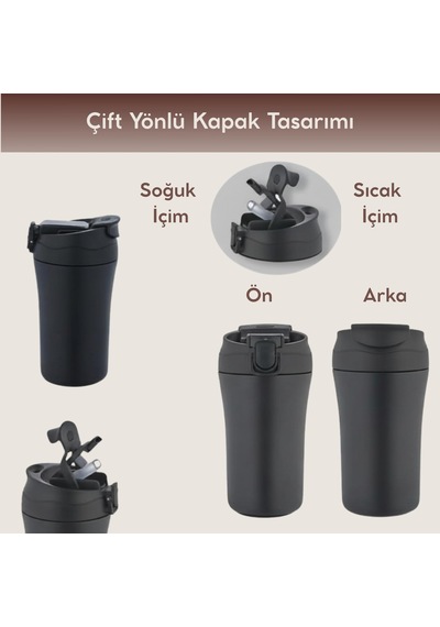 Paslanmaz Çelik Bardak Mug Termos 380 Ml Çift Katmanlı, Sızdırmaz Kapaklı-284 Siyah