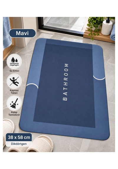 Sihirli Banyo Paspası 38x58 Cm Süper Su Emici, Kaydırmaz Ve Hızlı Kuruyan Dikdörtgen Mavi