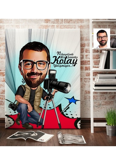Kişiye Özel Bay Fotoğraf Sanatçısı Karikatür Kanvas Tablo (70 X 1