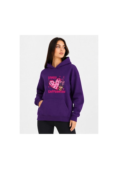 Herkesemoda Lovely Baskılı Kapüşonlu 2 İplik Şardonlu Sweatshirt Mor