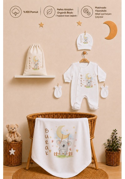 Pia Baby İsme Özel Hastane Çıkışı %100 Pamuk Erkek Bebek Organik Baskılı Tulum Set Keseli Hediyelik 2040tybk0x Krem