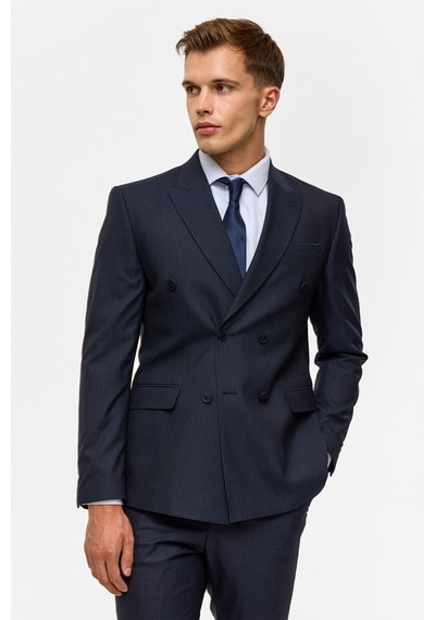 Süvari Lacivert Slim Çizgili Kruvaze Yaka 6 Drop Takım Elbise-38746 Lacivert
