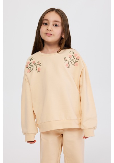 Panço Kız Çocuk Nakış Detaylı Bej Sweatshirt Krem