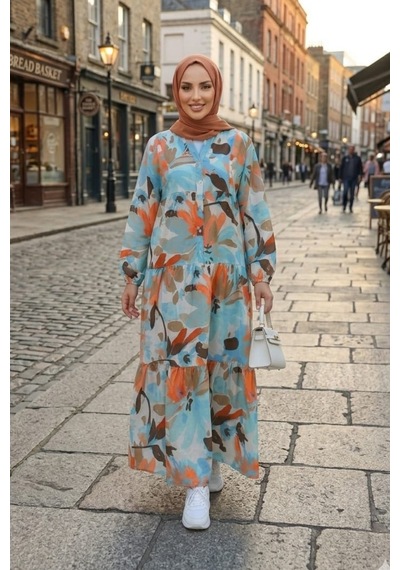 Hb Harma Time Butik Kadın Rahat Kesim Desenli Modal Kumaş Mavi Elbise
