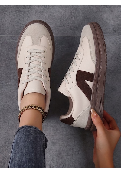 Kadın Sneaker Yüksek Taban Ortopedik Bağcıklı Spor Ayakkabı Retro Bej-011