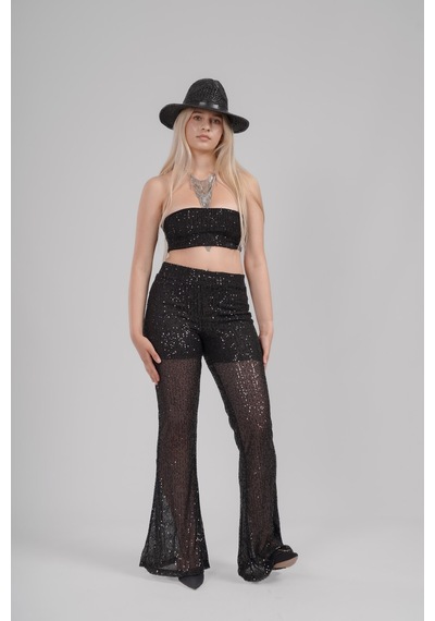 Mayrem Pul Payet Straplez Crop & İspanyol Paça Set Takım Siyah