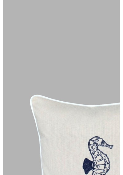 Kırlent Kılıfı 45x45 Marin Nakışlı Deniz Atı Desen Su İtici Outdoor Keten Beyaz Biyeli Tekne Bahçe Krem
