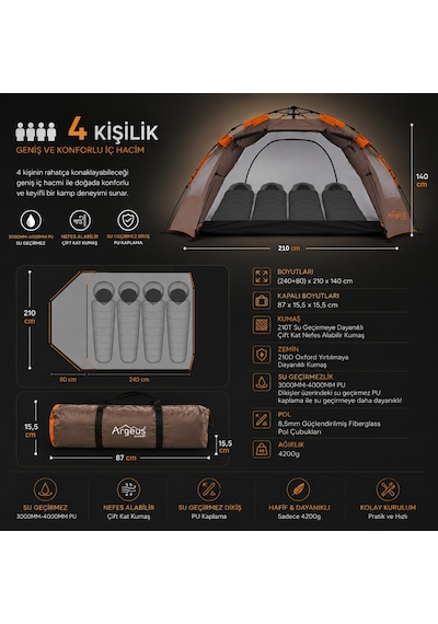 4 Kişilik Otomatik Kurulum Kamp Çadırı - Su Geçirmez - Çift Katlı - Argeus Iglo Çok Renkli