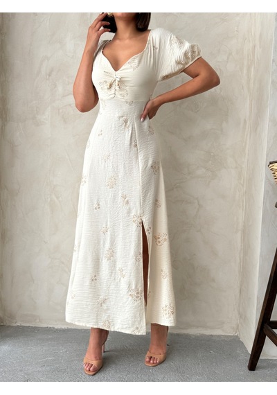 Verymoda Nakışlı Keten Görünümlü Elbise D2901 Taş