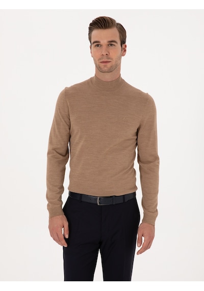 Cacharel Camel Slim Fit Yün Karışımlı Yarım Balıkçı Basic Triko Kazak Kahverengi