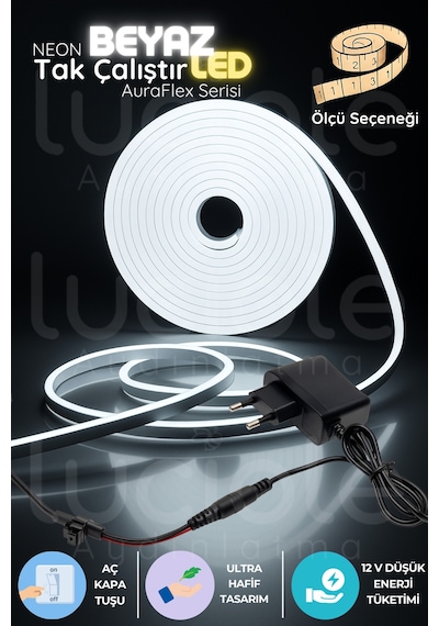 2 Metre Beyaz Neon Led Şerit Auraflex Serisi 6500k Anahtarlı Tak Çalıştır Aydınlatma