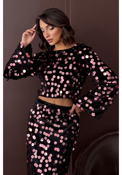 Verymoda Pullu Kadife Bluz SİYAH PEMBE