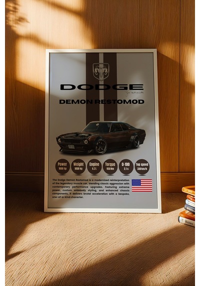 Dodge Demon Restomod Araba Tablosu - Teknik Özellikli Otomobil Poster - Çerçeveli Duvar Dekoru Beyaz