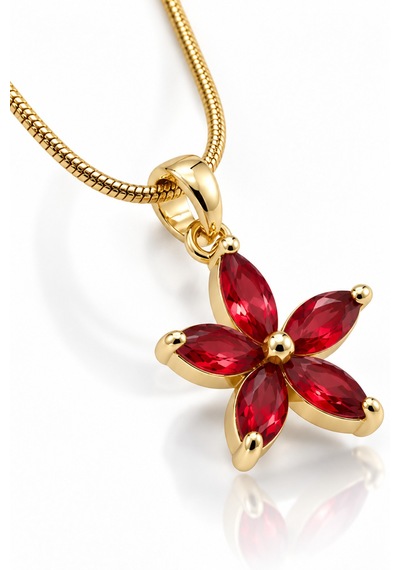 Kızıl Taşlı Lotus Çiçeği Gold Renk Çelik Kadın Kolye